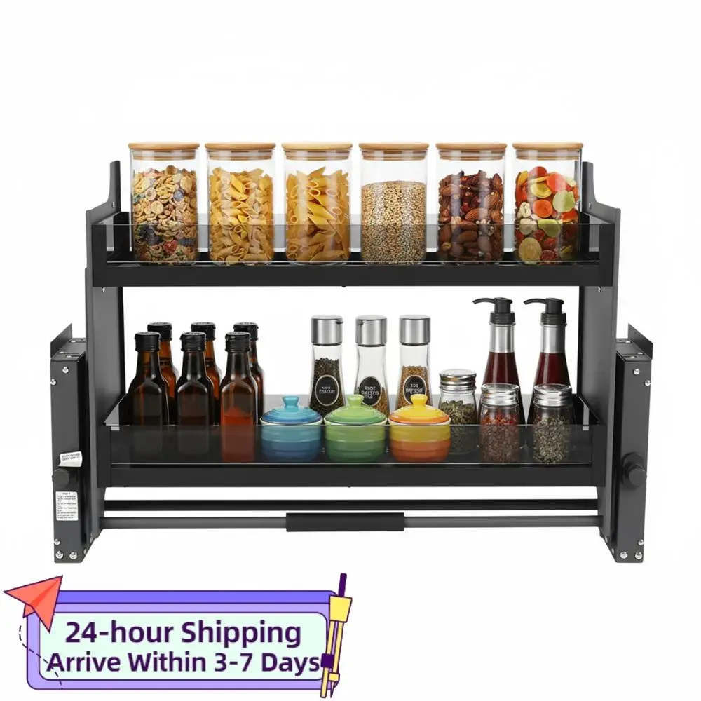 

2 Tier Shelf Spice Rack W/Pneumatic Damper System Wall Cupboard Lifting Basket Adjustable Capacity for Spices Dishes and Bottles