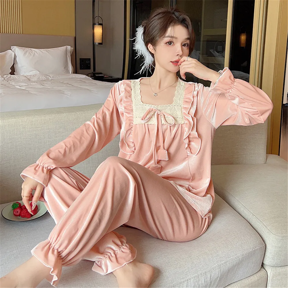 Velvet Pajamas Women Autumn Winter Sleepwear Long Sleeve Pullover Pants Casual Nightwear Loose Home Clothes Sleep Set