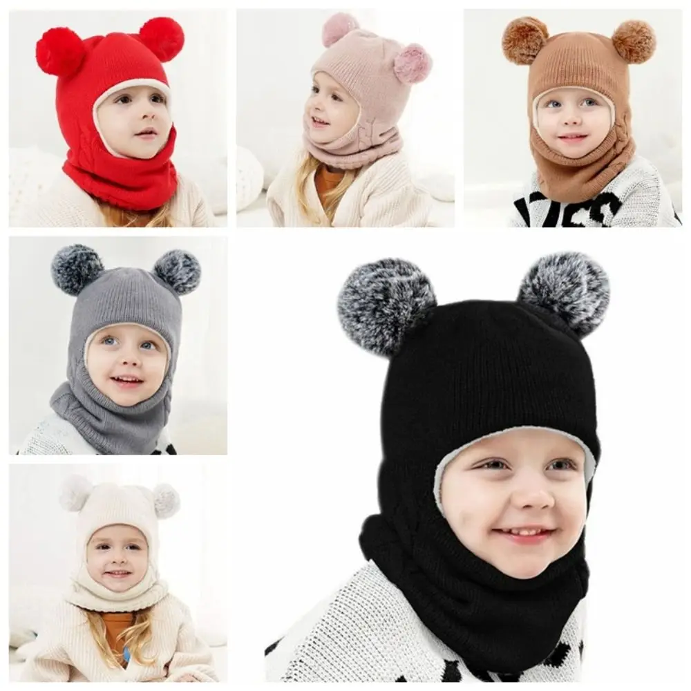 

Coldproof Scarf Mask Integrated Hat 4 in1 Cartoon Children Windproof Hooded Hat Warm Lining Fur Balls Decor Windproof Hat