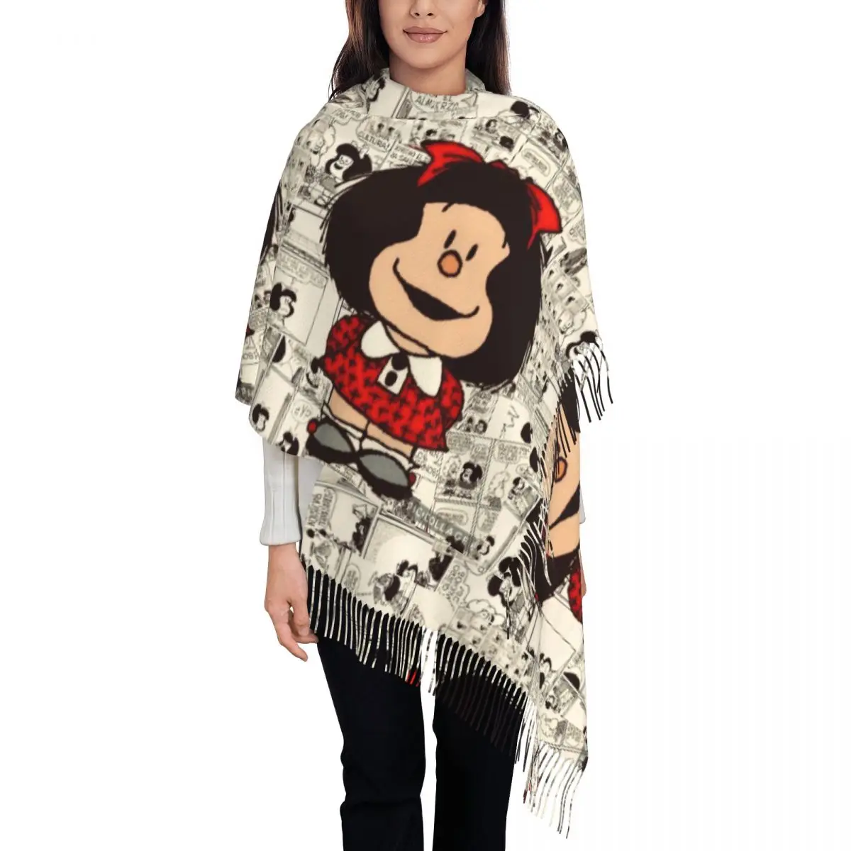 Custom Anime Mafalda Tassel Scarf Women Winter Fall Warm Shawls Wraps Female Cartoon Kawaii Scarves