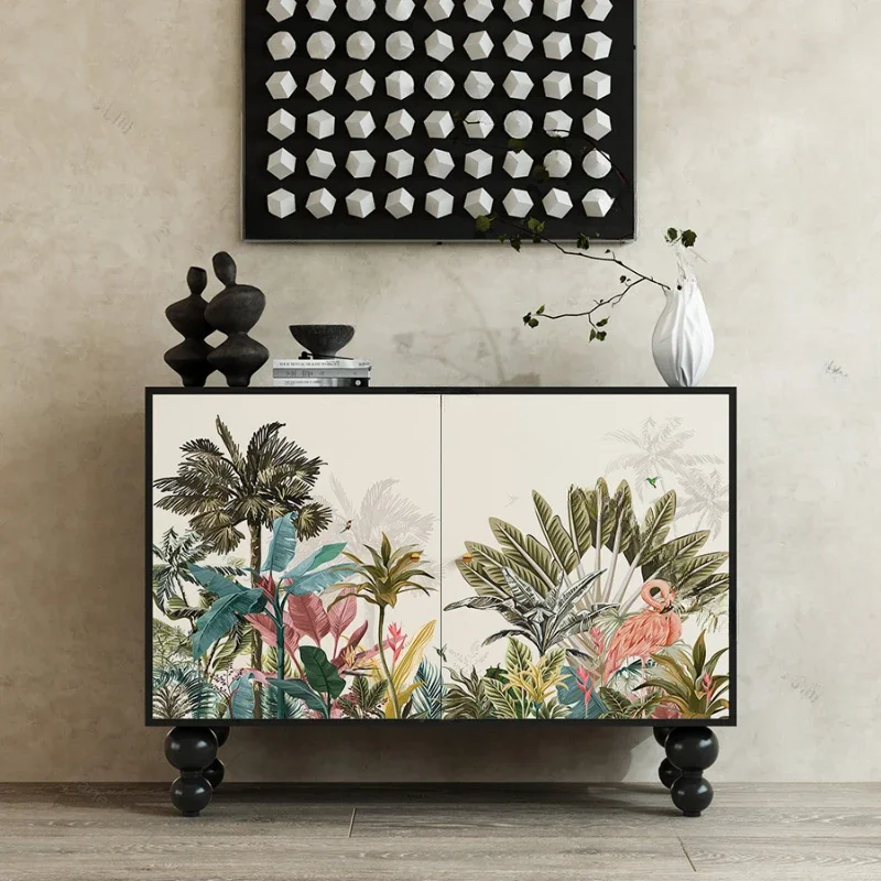 American style jungle flower and bird dining edge solid wood storage, wall integrated solid wood cabinet storage