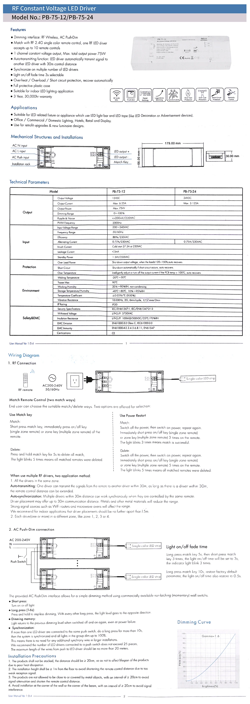 40W/70W/150W dimmbarer LED-Treiber, RF-Fernbedienung, AC-Push-Dim-Beleuchtungstransformator, Dimmer-Netzteil für LED-Streifenlichter, DC12V 24V – Detail 2