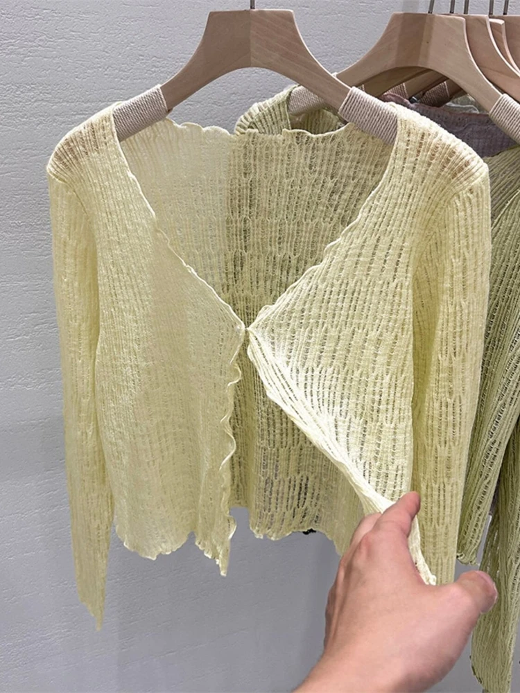 Women's Summer Thin Knitted Open Cardigan Hollow out Shoulder Baring Outerwear Sunshade Shirt V-Neck Long Sleeve Loose Fit