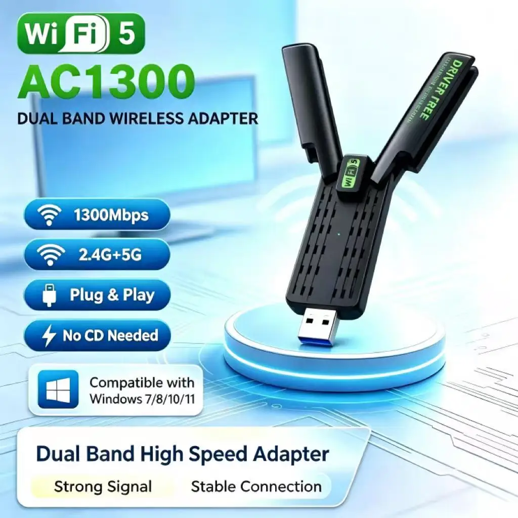 Dual Band Gigabit USB Wireless Adapter, Driver-Free  WiFi Transmitter Receiver for Desktop Laptop, Electronic Network Accessory