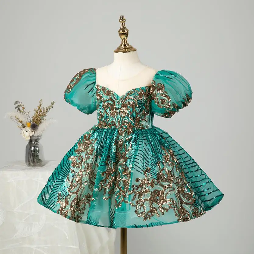 Kids Luxury Party Green Gold Dresses For Girls Birthday Baptism Shoot Gown Evening Formal Lace Dress Prom Frock A2523