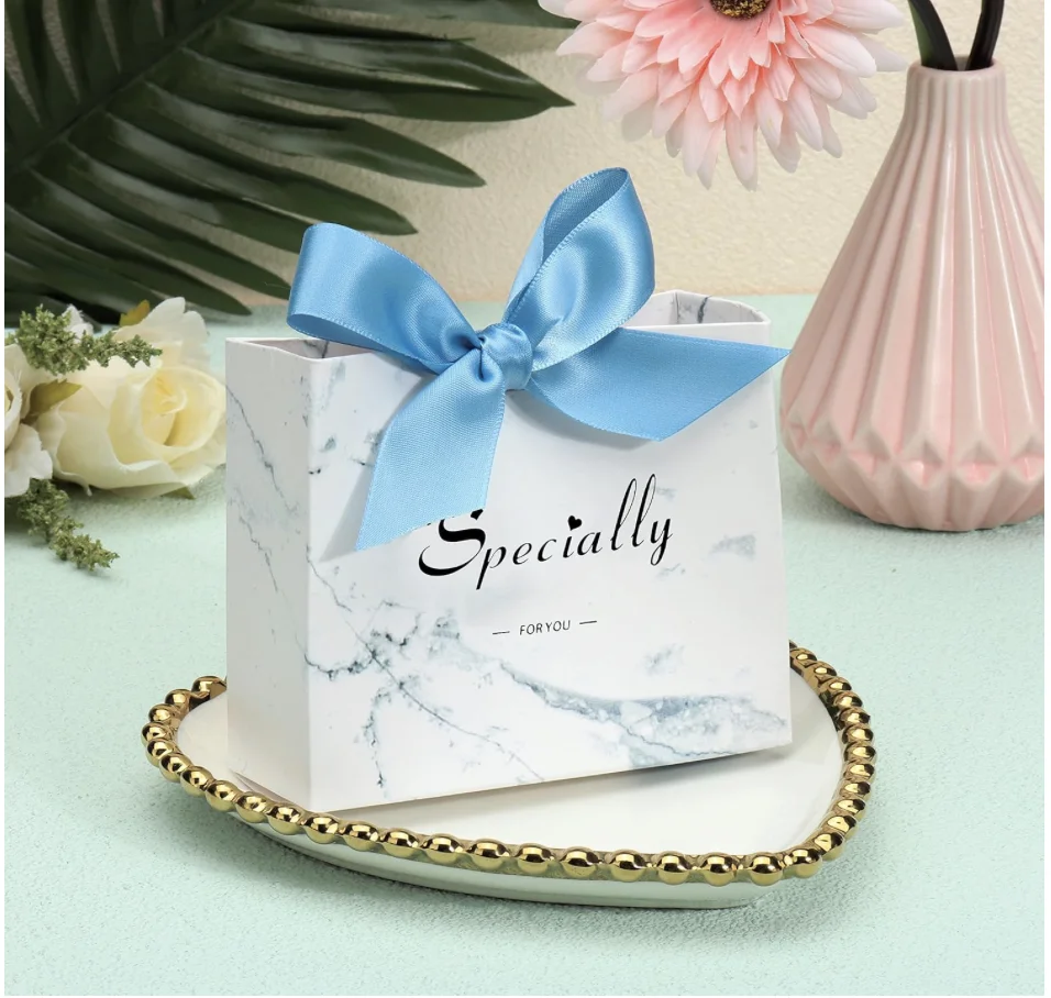 20/50 Pcs Small Party Gift Bags, Marble Mini Thank You Bags with Blue Bow Ribbon, 4.5x1.8x3.Inches, Paper Favor Bags for Wedding