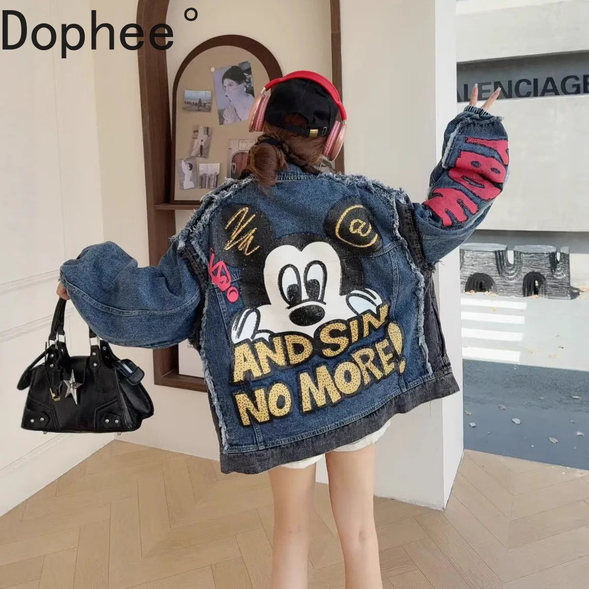 

High Street Women Black Denim Coat 2025 New Autumn Embroidery Cartoon Loose Cardigans Top Colorblock Patchwork Loose Jackets