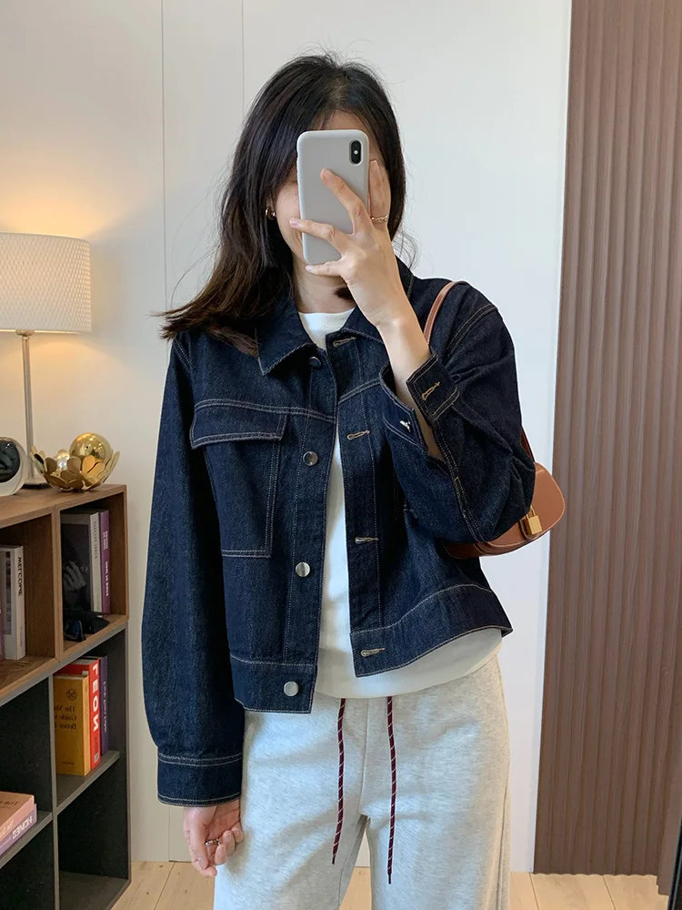 

High-End Retro Denim Original Color Stitching Box Sle Slimming Denim Jaet Top ort Outerwear Simple Design Cotton 00%