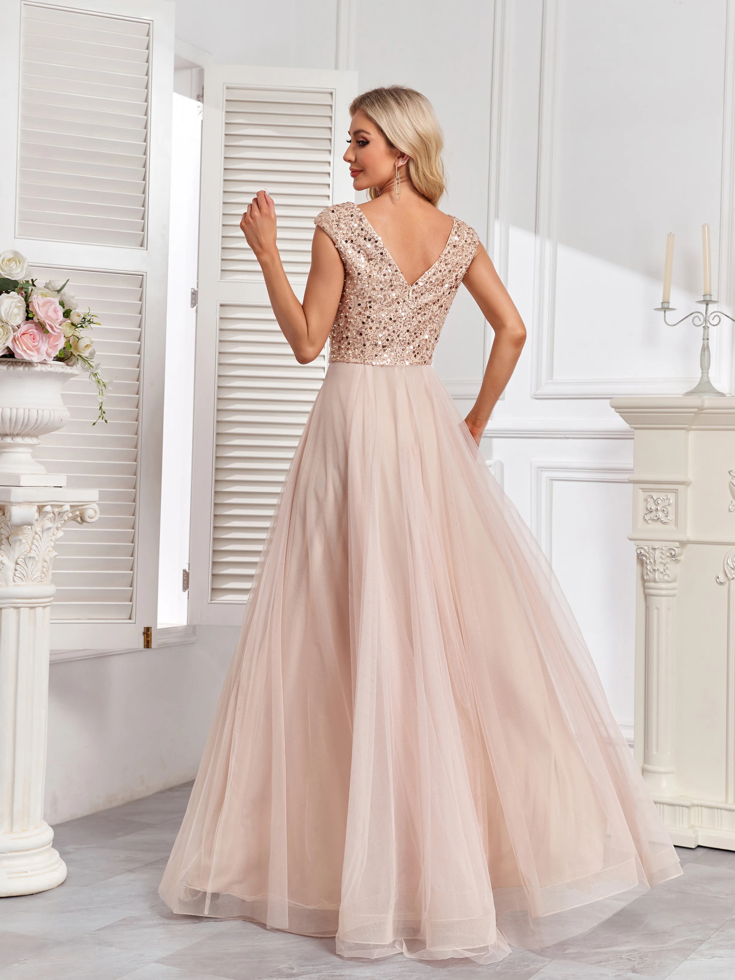 XUIBOL Gorgeous V-Neck Tank Dress with Sequin Top and Tulle Bottom, Luxurious Evening Gown