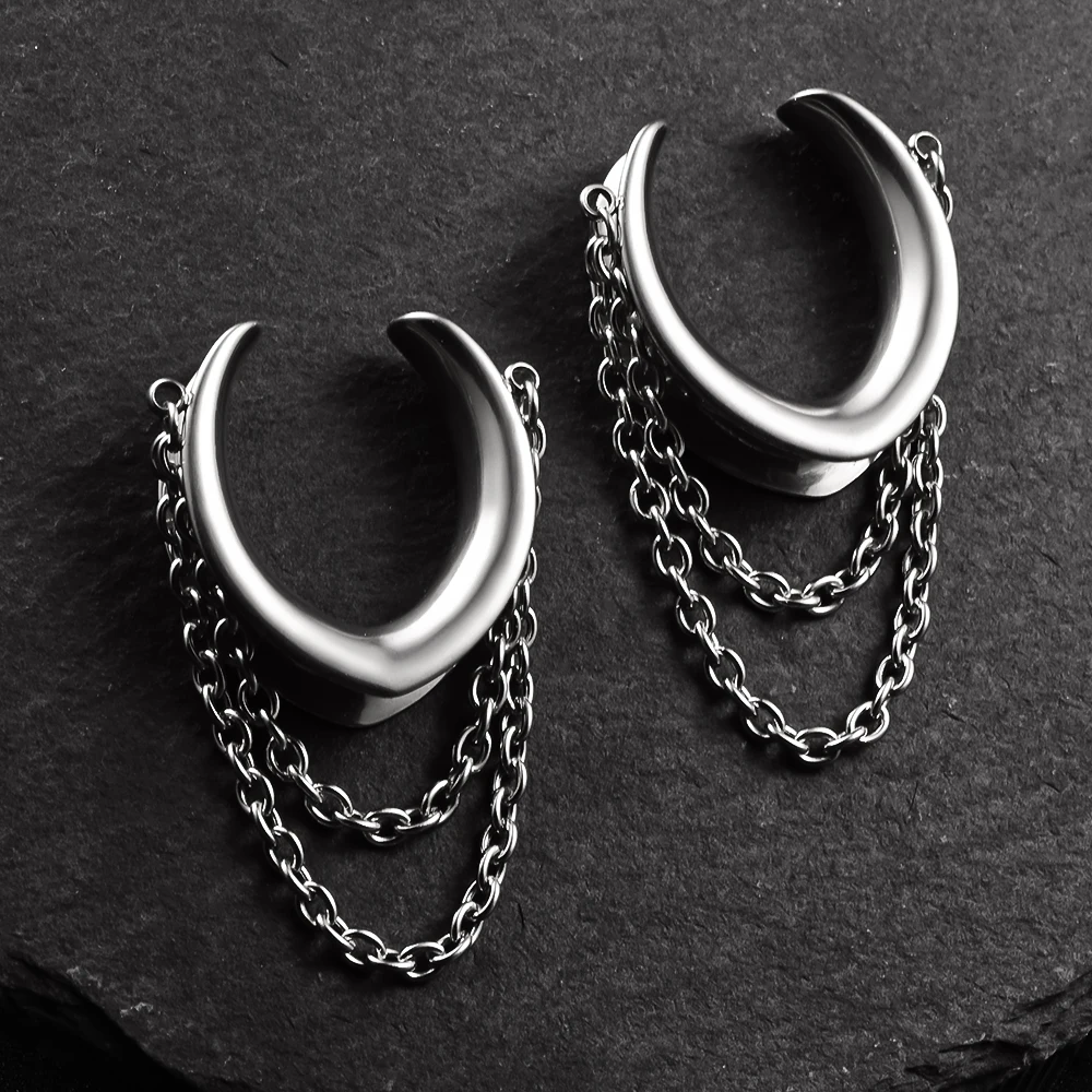 Vankula 2PCS Classic Saddle with Chain for Stretched Ears 316 Stainless Steel Ear cuff Tunels (0G-1\