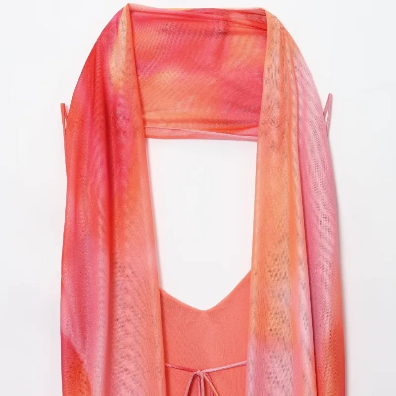 Abito lungo stampato alla moda Decorazione sciarpa Midi senza maniche per donna Abiti eleganti con cinturino Abiti da festa senza schienale per nuova signora