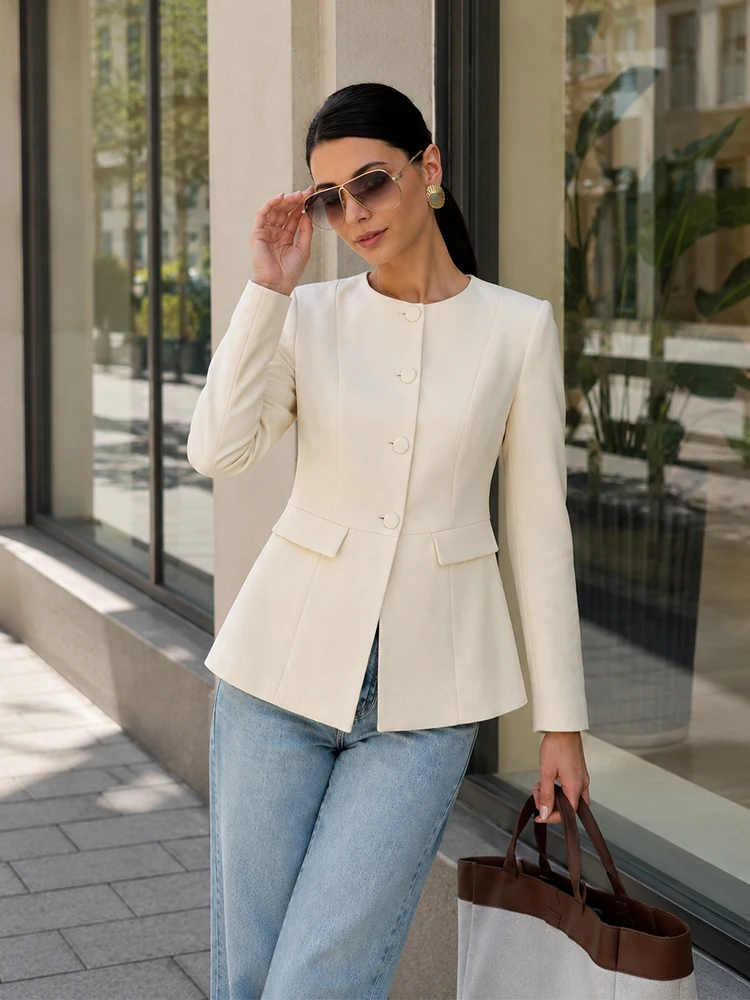 HH Women Casual Commuting Jacket Solid Simple Style Single Breasted Fake Pocket Blazer 2026 Spring Autumn O-Neck Chic Coat