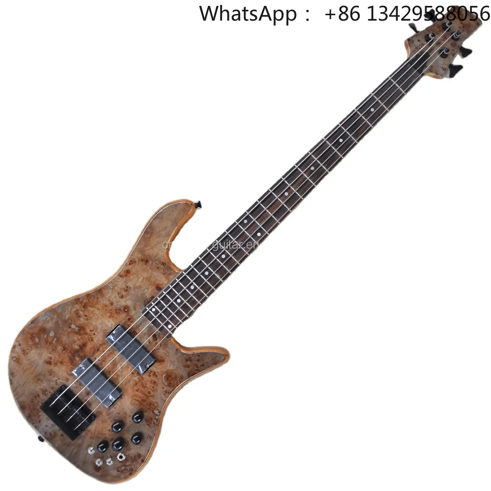 Flyoung Factory Custom Burl Maple Veneer Electric Bass Neck Through Body 4-string Bass Guitar
