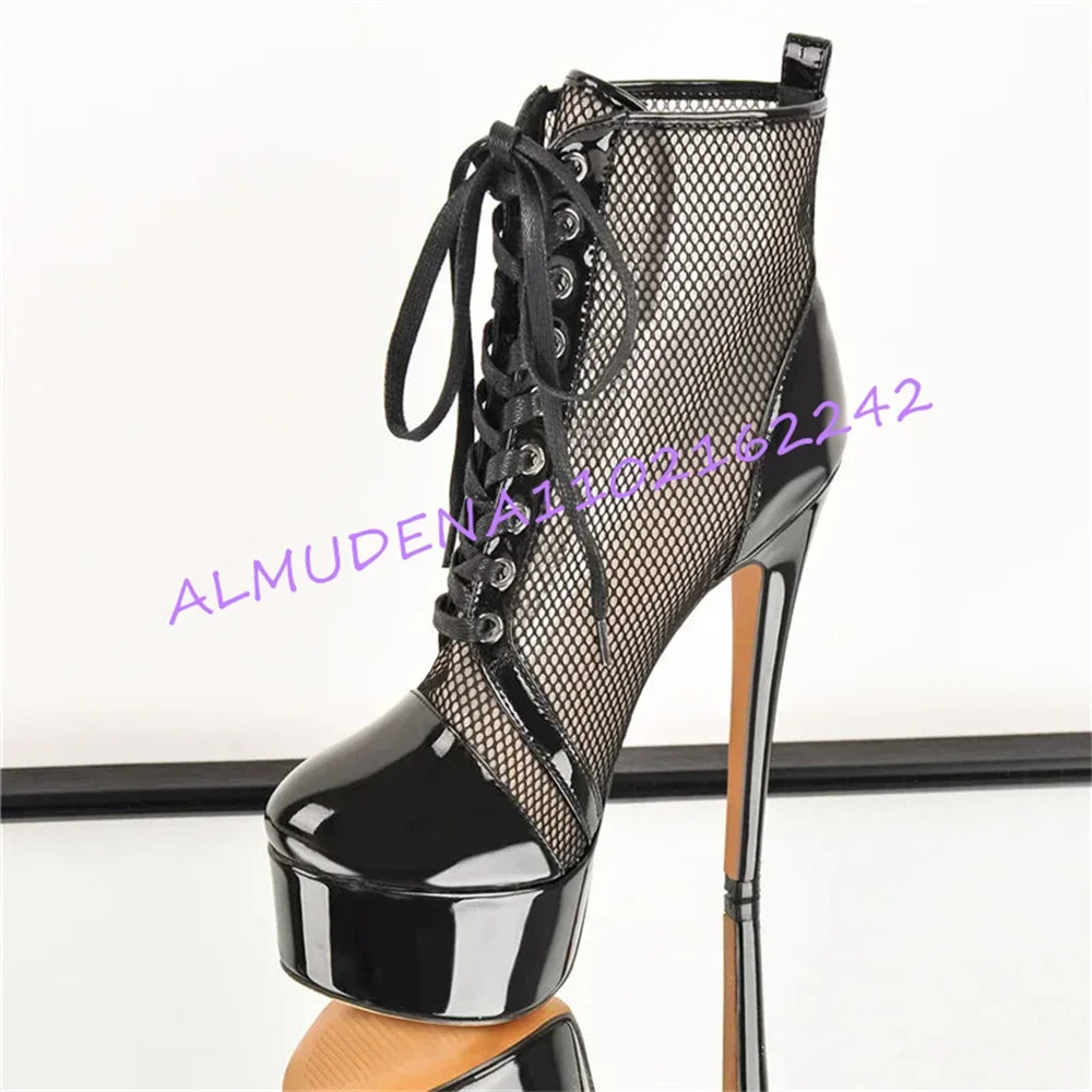 Women Black Mesh Platform Ankle Boots Round Toe Lace Up Stiletto High Heel Breathable Mesh Short Booties Party Fashion Footwear