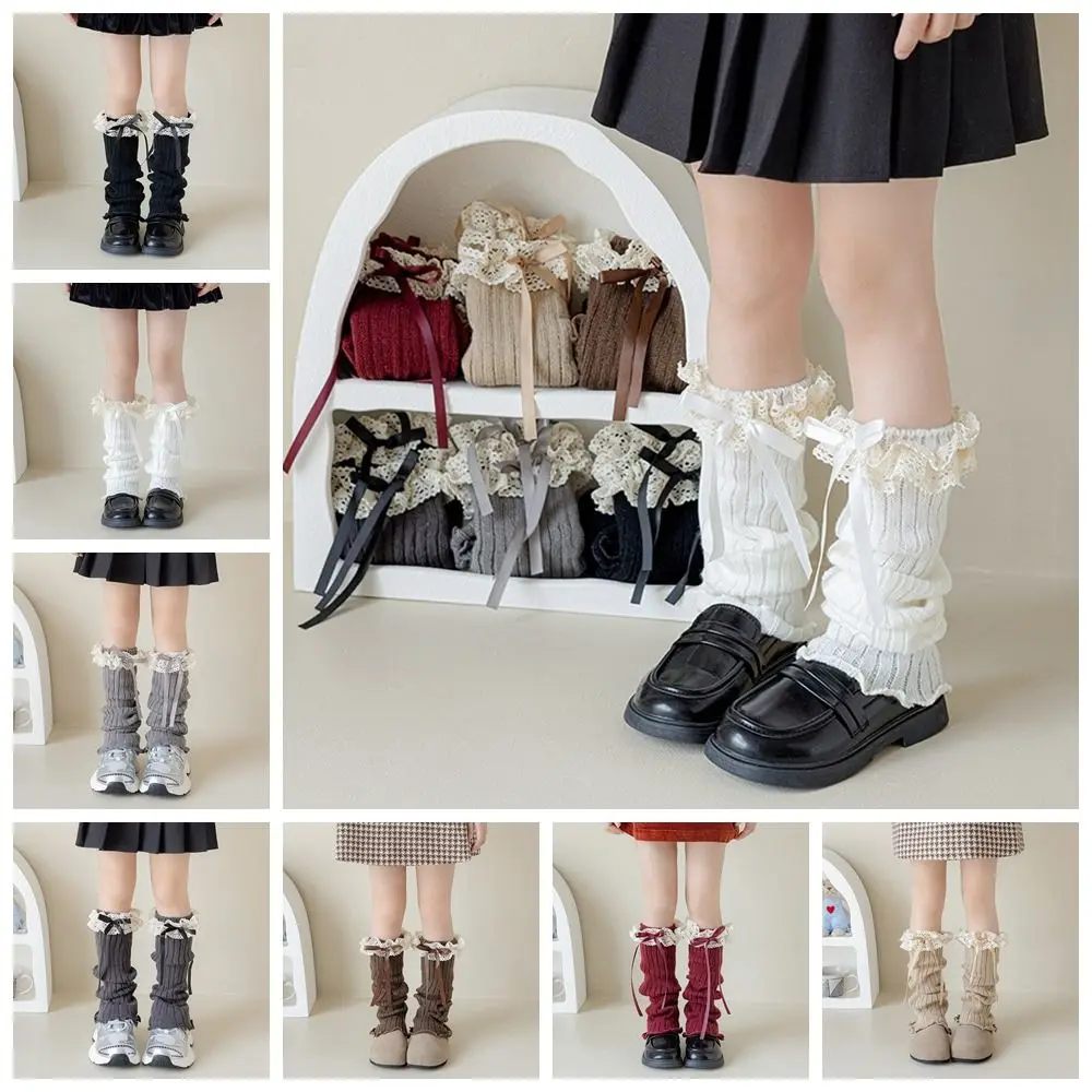 Casual Harajuku Bow Ribbon Leg Warmers Long Stockings Solid Color Knitted Foot Cover Kawaii Sweet Lolita Knitted Socks Autumn