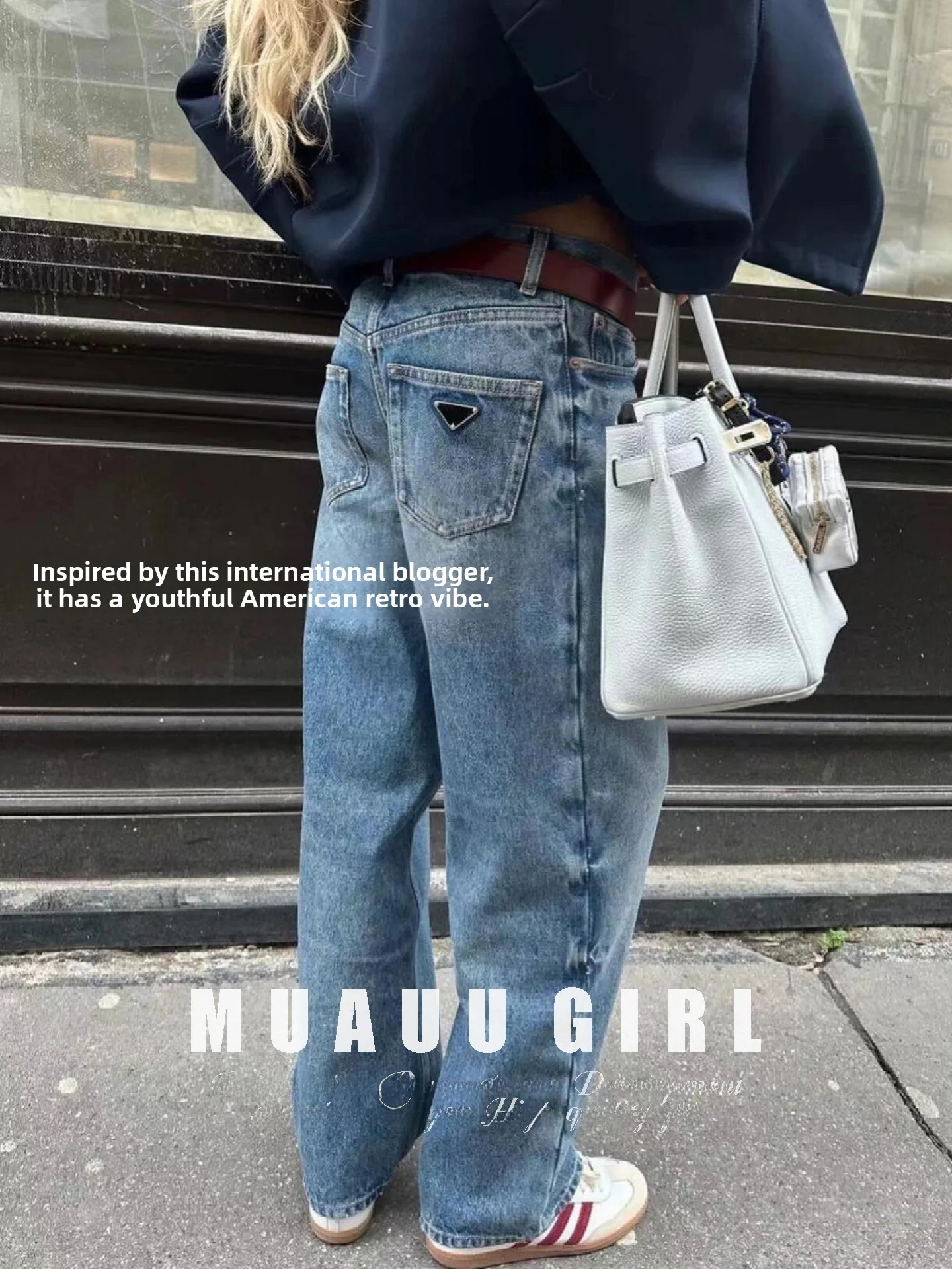 

MUAUU GIRL Trendy Letter Print High Waist Straight Leg Jeans Women's Fashion Cotton Stretch Denim Pants Casual Spring Season