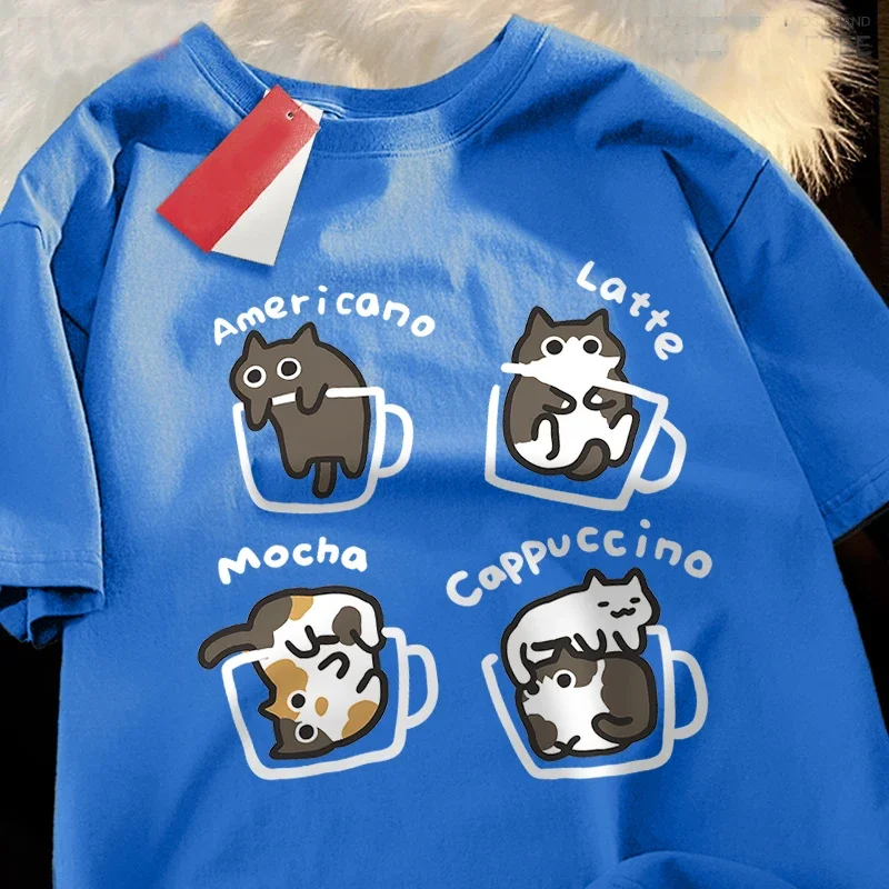 Trendiges Katzen-Kaffee-Motiv Baumwoll-Sommer-Lose-Kurzarm-T-Shirt für Männer und Frauen, Mocha Latte Katze Drei Blumen Lustige Katzen-T-Shirts – Detail 3