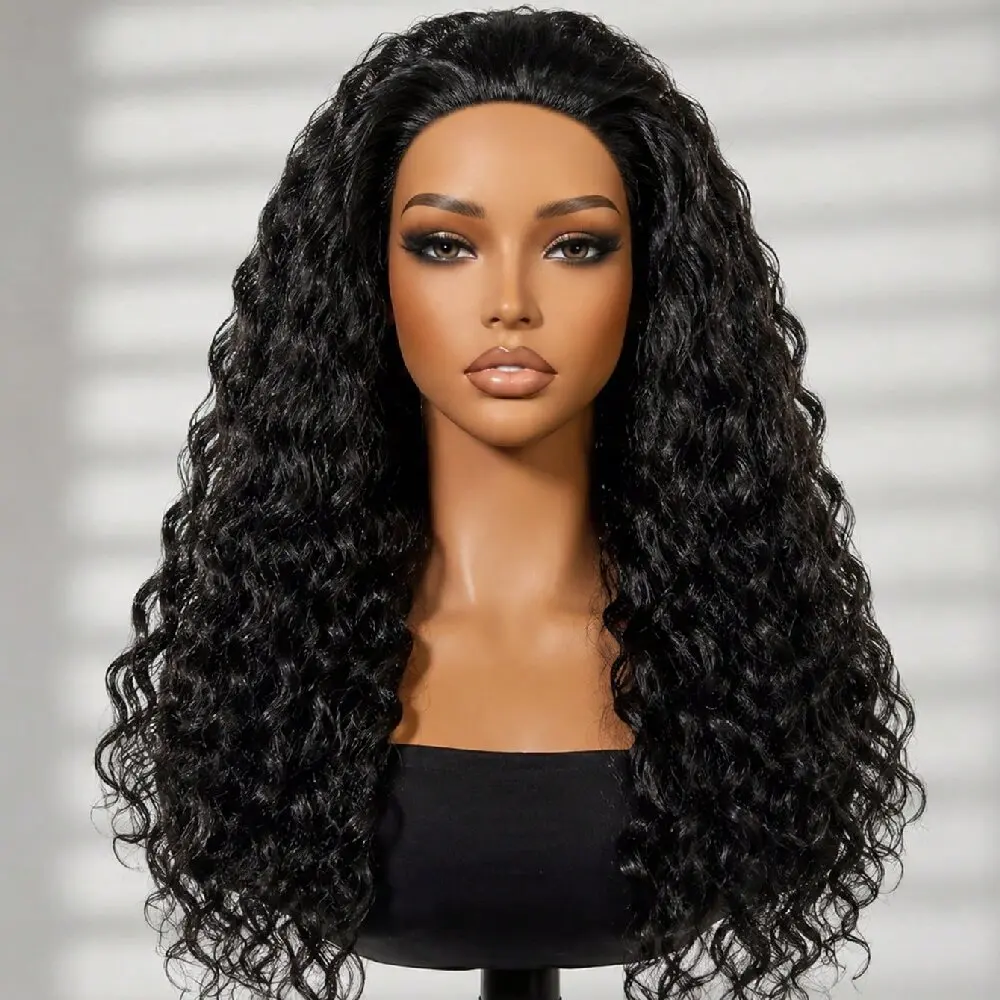 32 Inch Water Wave 3-in-1 Half Wig Human Hair Glueless with Drawstring 250% Density Ready to Wear Versatile Style for Instant Tr