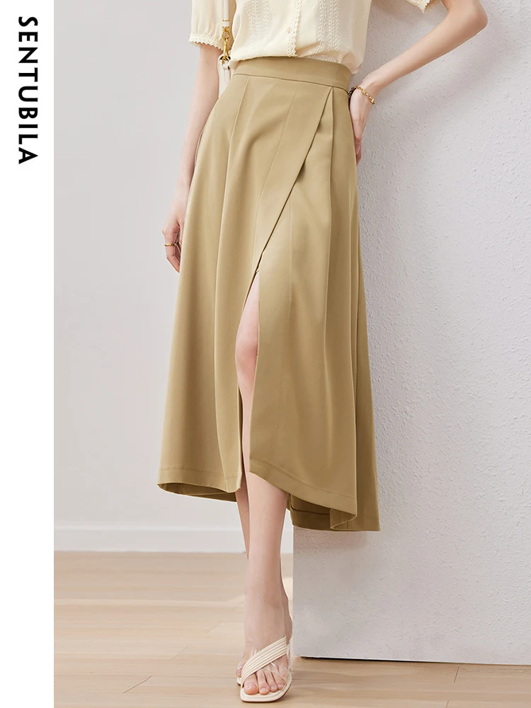 SENTUBILA A Line Deep Split Midi Skirts for Women 2024 Elegant Fashion Khaki Fake Wrap Swing Umbrella Summer Skirt Ladies