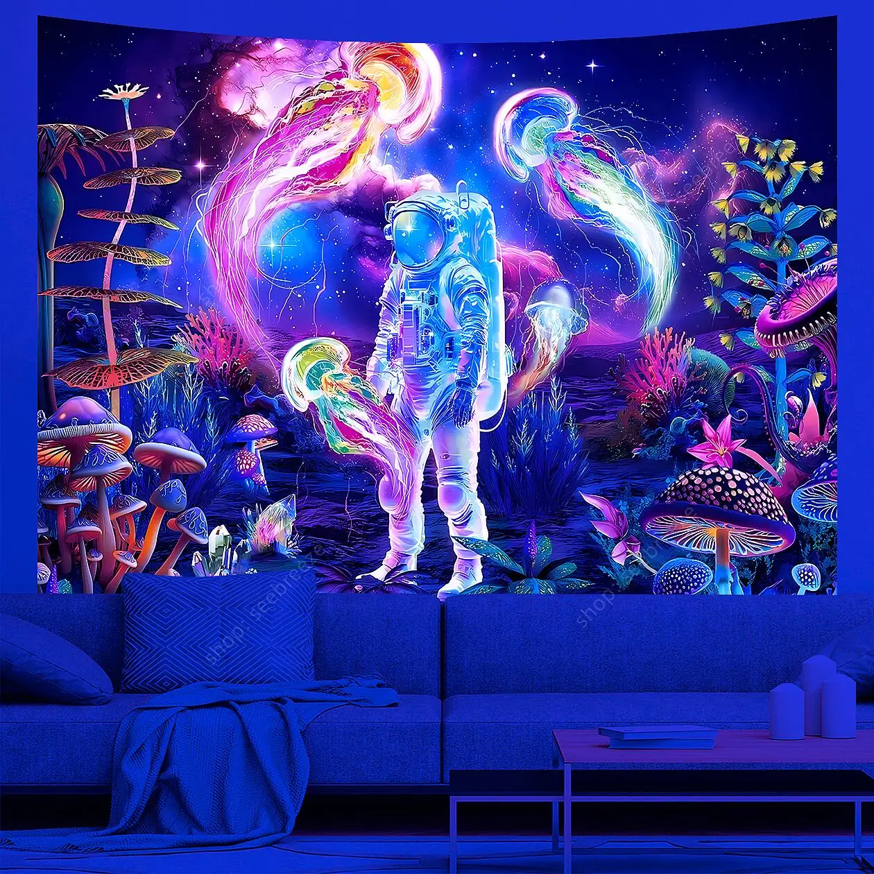 Psychedelic Astronaut UV Reactive Wall Tapestry Hippie Jellyfish Mushroom Tapestry Wall Hanging for Aesthetic Room Dorm Decor