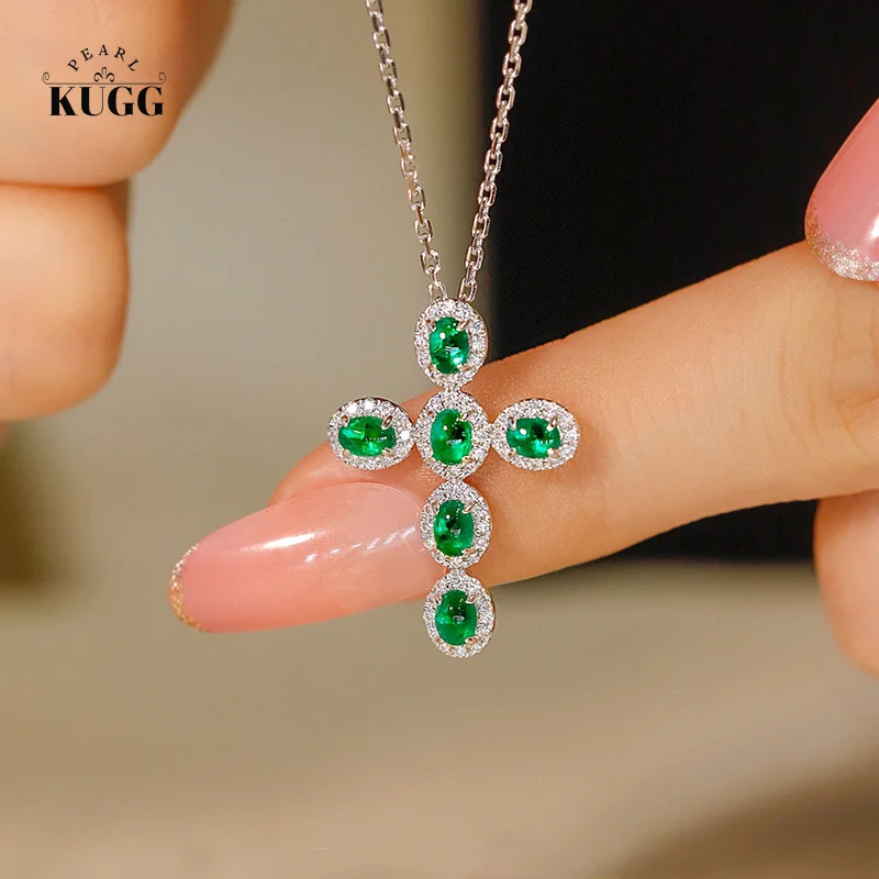 

KUGG 18K White Gold Necklace Classic Cross Design Real Natural Emerald Shiny Diamond Gemstone Pendant Necklace for Women Wedding