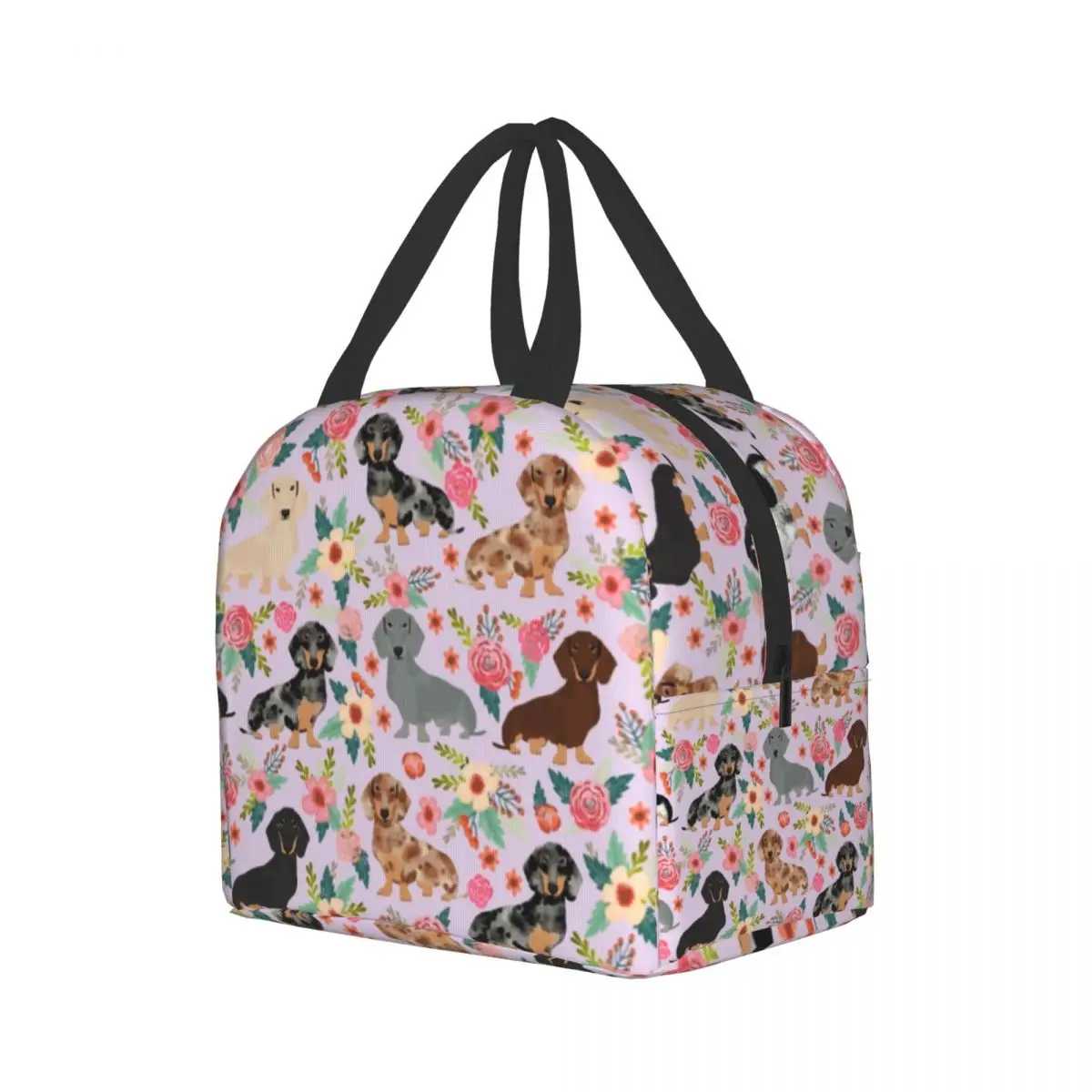 Dachshund Flowers Insulated Lunch Bag Picnic Travel Wiener Sausage Dog Portable Thermal Cooler Bento Box Kids School Lunch Bags