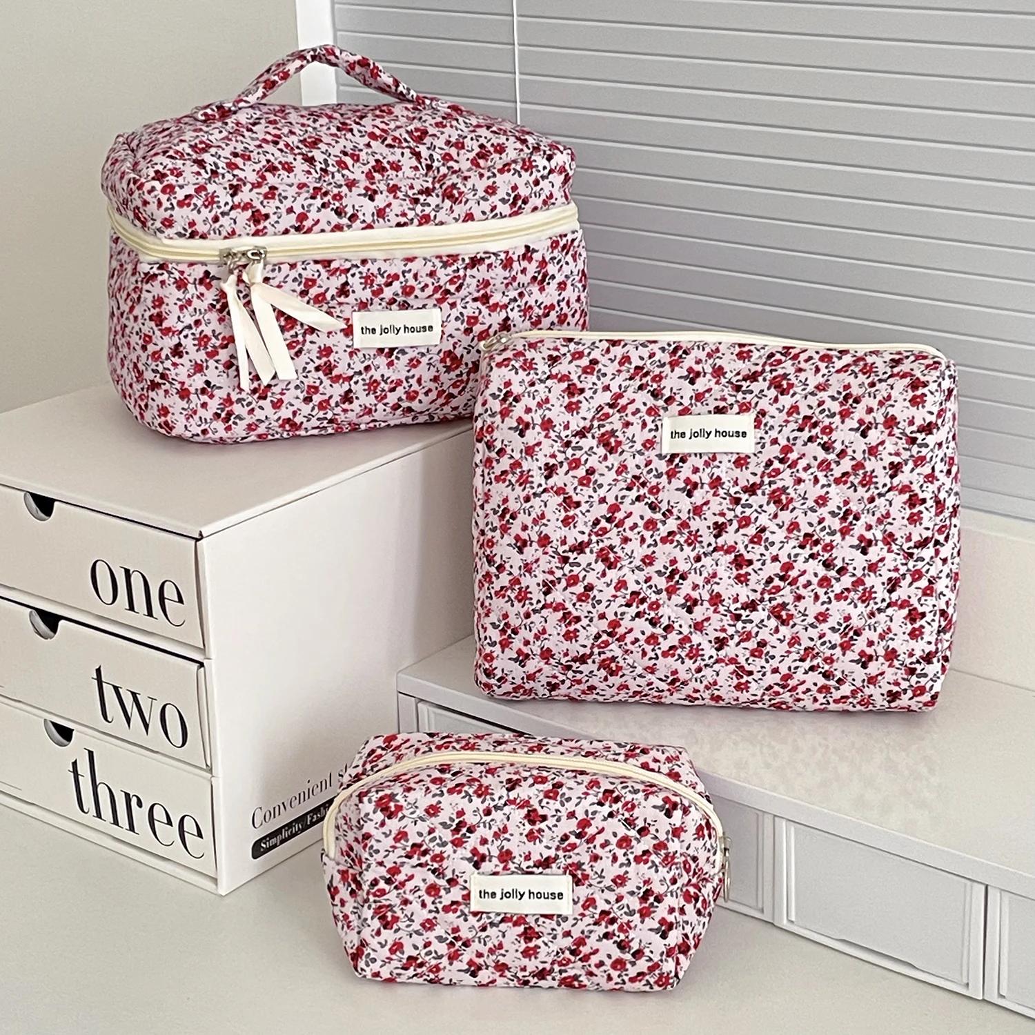 Dark Red Six Color Floral Quilted Three Piece Cosmetic Bag Multiple Size Combination Soft Fabric Handle Portable Travel Cosmetic