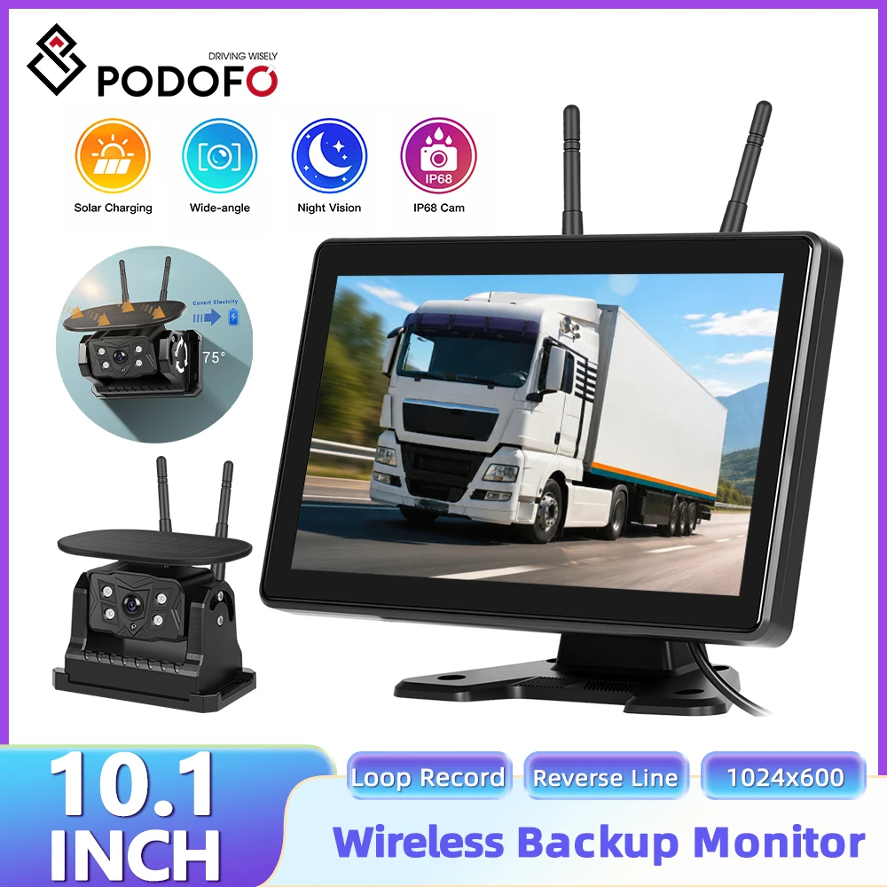 Podofo 10.1" IPS HD Display Car Rear View Monitor+Wireless Solar Reversing Camera with Recording Function 720P Reverse Camera
