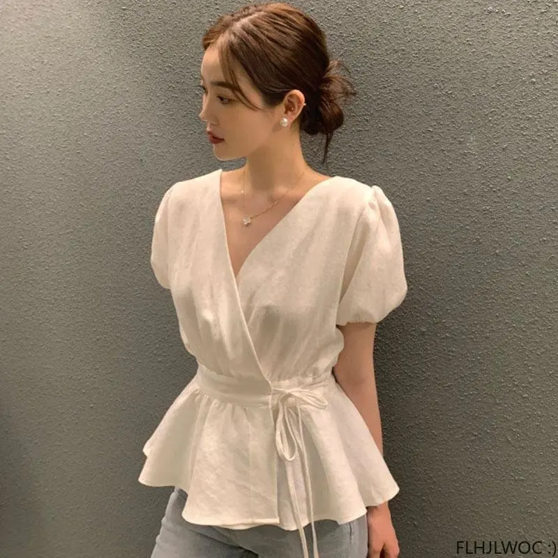 Korea Chic Peplum Tops Blusas 2023 Women Flhjlwoc Lace-Up Slim Waist Belly Design Ruffled V Neck Solid Black White Blouse