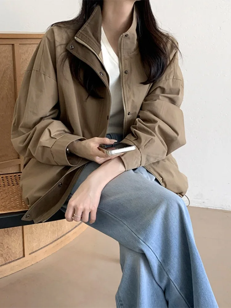 Chic automne nouveau Sle décontracté ample longue Sve fermeture éclair Jaet manteau col montant Dstring ourlet femmes pull en ligne exclusif