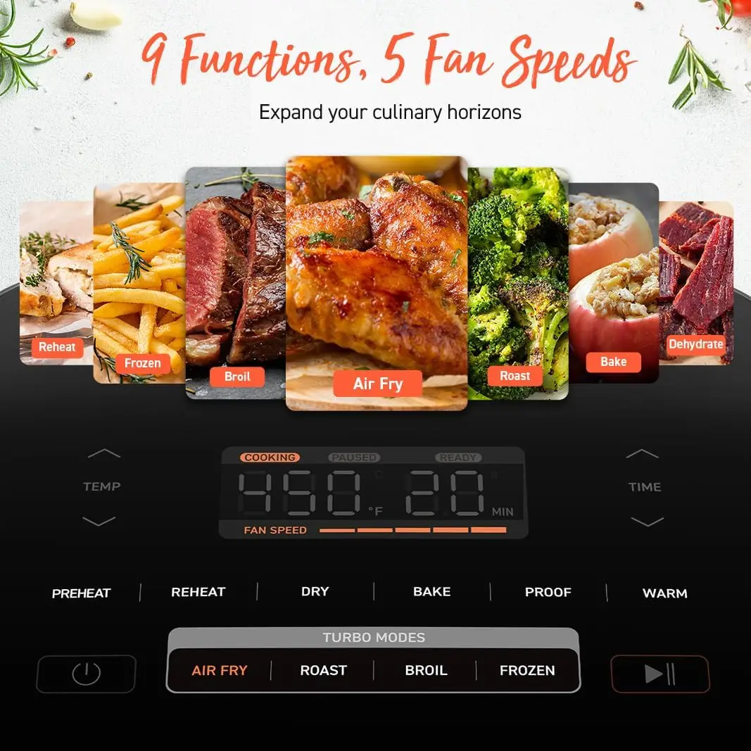 Friggitrice ad aria 9 in 1, compatta ma grande 6 Qt, 5 velocità della ventola veloci con 450F per Ultra Crsipy, 95% meno di olio, oltre 100 ricette nell'app