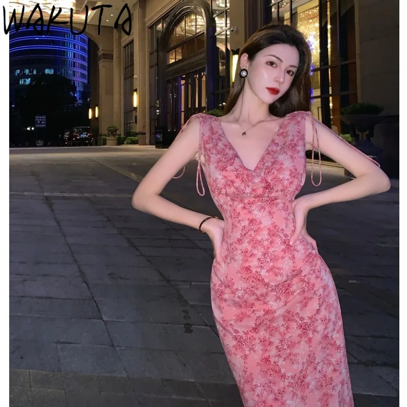 WAKUTA Floral Dress Women Elegant Bodycon Sleeveless V-neck Long Dresses Vintage Backless Robe Korean Chic Sweet Vestidos Mujer