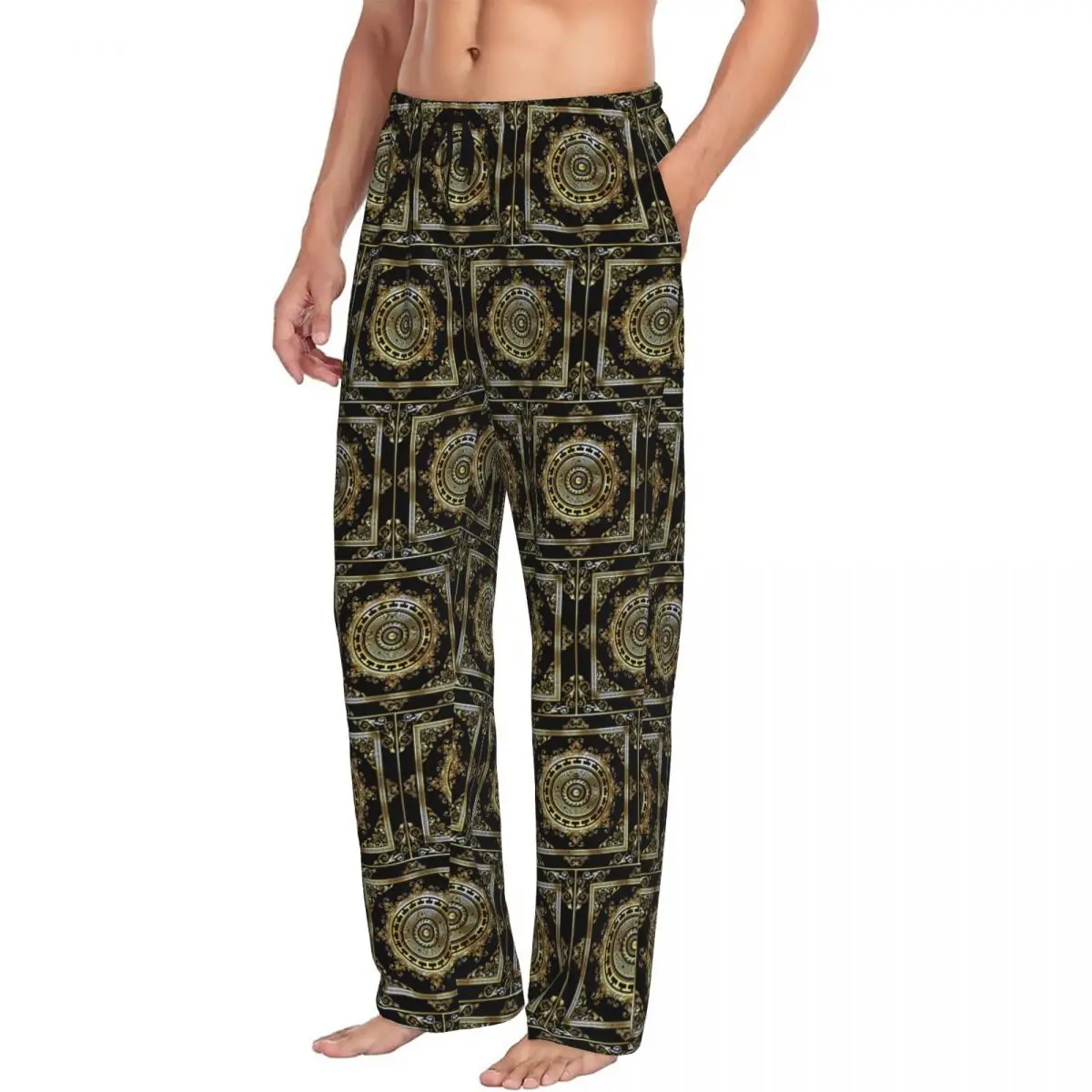

Custom Greek Keys Black Gold Medallion Meander Baroque Men Pajama Pants Lounge Sleep Sleepwear Bottoms with Pockets