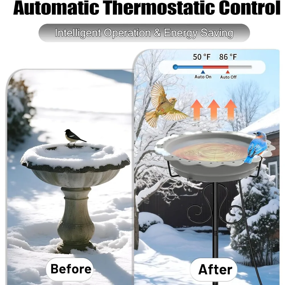 Bagno per uccelli riscaldato da 100 W per l'inverno all'aperto con controllo del termostato, base a 5 poli, ciotola grigia