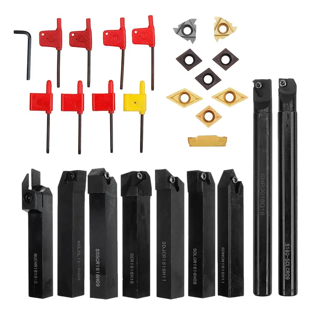 

27 Pcs 16mm Shank Lathe Turning Tool Holder Boring Bar Lathe Tool Lathe Cutter CNC Metal Turning Rod Holders and Inserts