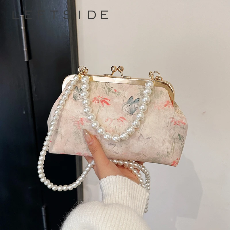 

LEFTSIDE Women's Floral Butterfly Print Pearl Chain Crossbody Bag Chinese Style Sweet Aesthetic Dating Party Shoulder Bag 2026