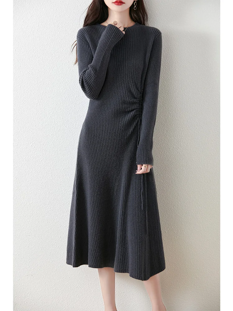 Women Wool Dress Drawstring Style Pullover Autumn Winter 100% Merino Wool Knitwear Cozy Slim Flare Cashmere Sweater A-Line Skirt