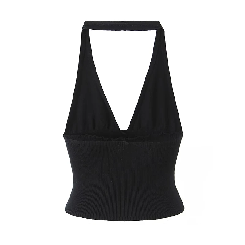 YENKYE Sexy Backless Halter Knit Top Women Chic Summer Crop Top Black Gray Blue ropa de mujer