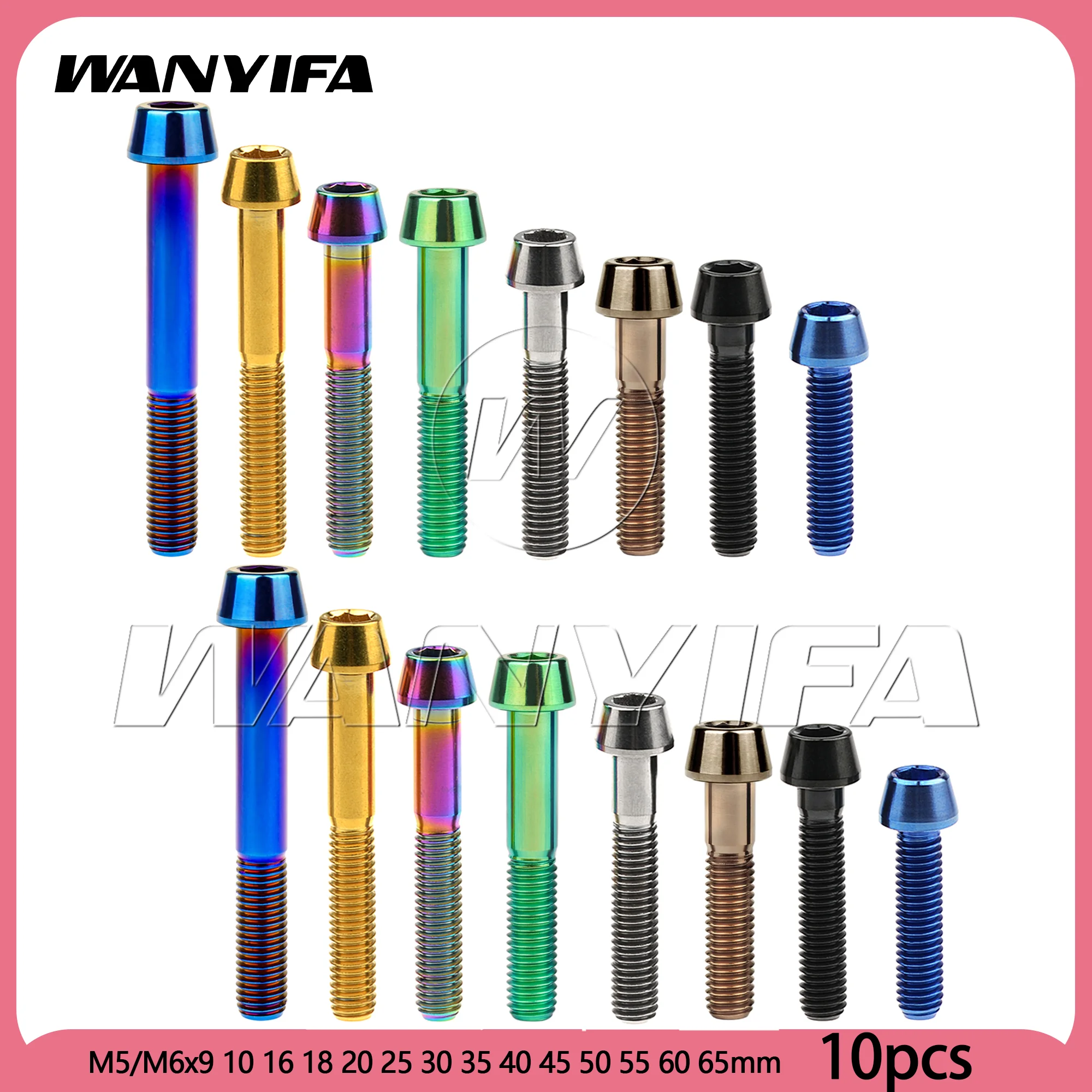 

Wanyifa 10pcs Titanium Bolts M5/M6x9 10 16 18 20 25 30 35 40 45 50 55 60 65mm DIN912 Taper Hex Allen Head for Bike Fastener
