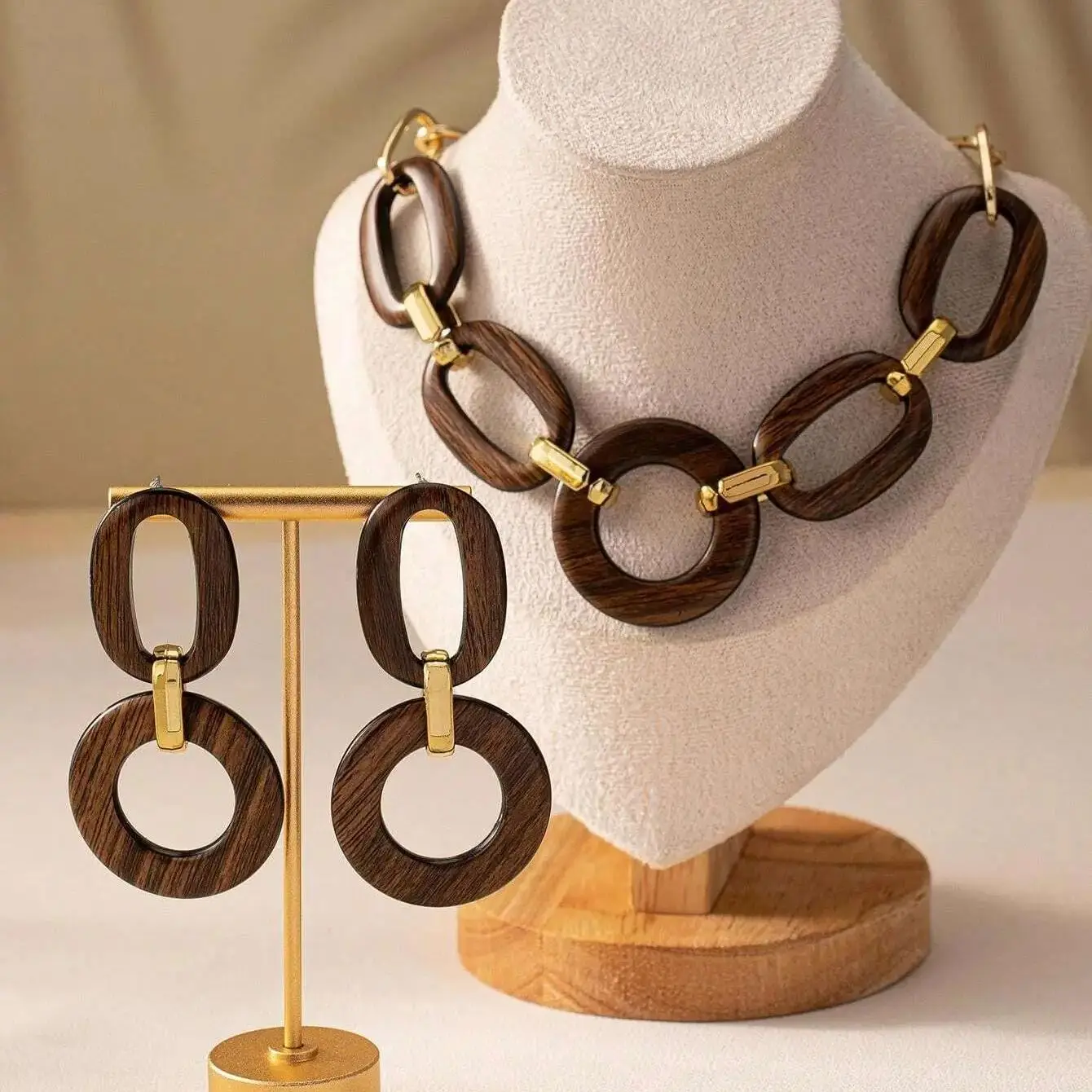 2PCS Set Hallowout Wook Linked Chain Necklace Earring Set Gold Color Big Chain Vintage Style Fall Winter Jewelry Set Party Gift