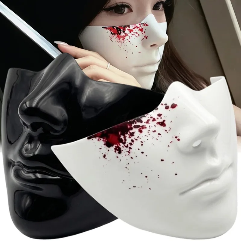 Glossy Mirror Finish Half Face Cosplay Mask Black White Anonymous Role Play Mask for Party Bar Dance Performance Gift Prop