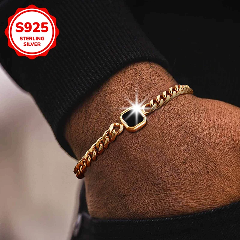 

925 silver hip-hop trend black square Cuban men's bracelet, fashionable men's jewelry gift, suitable for daily gatherings