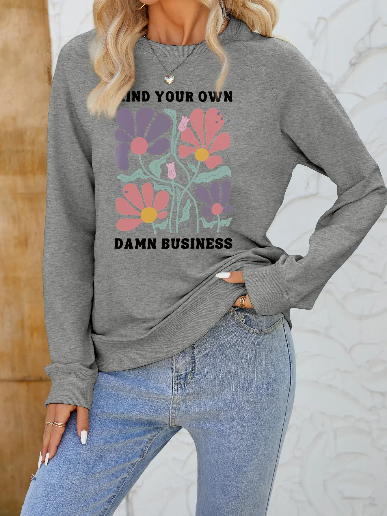 Autumn and winter new crew-neck casual hoodie mind your own damn business print fashion loose long-sleeved top with ladies pullo