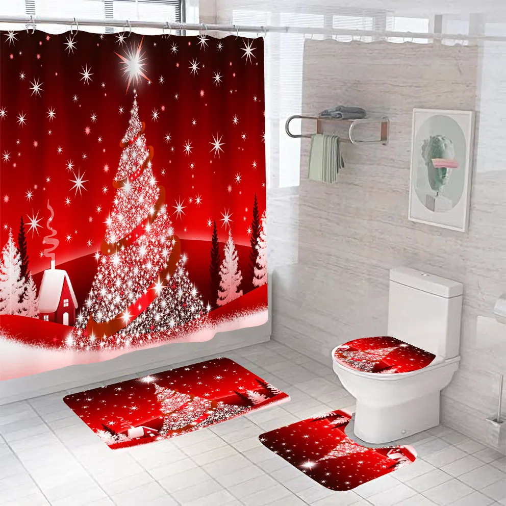 

Red Christmas Tree Bathroom Set Shower Curtain Waterproof Santa Claus Anti-skid Rugs Toilet Cover Bath Curtains with Hooks