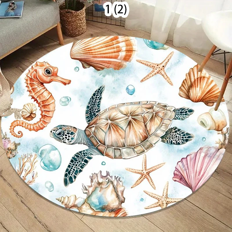 Vibrant Underwater World Rug Round Ocean Carpet with Turtle Seahorse Fishes Colorful Marine Life Mat for Kids Room Beach Decor