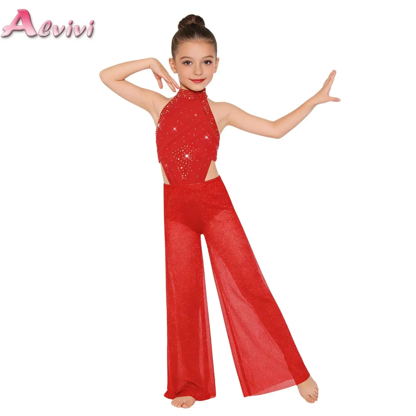 

Kids Girls Halter Sleeveless Ruched Mesh Back Cutout Rhinestones Bodysuit Shimmery Wide-Leg Lyrical Ballet Latin Dance Jumpsuit