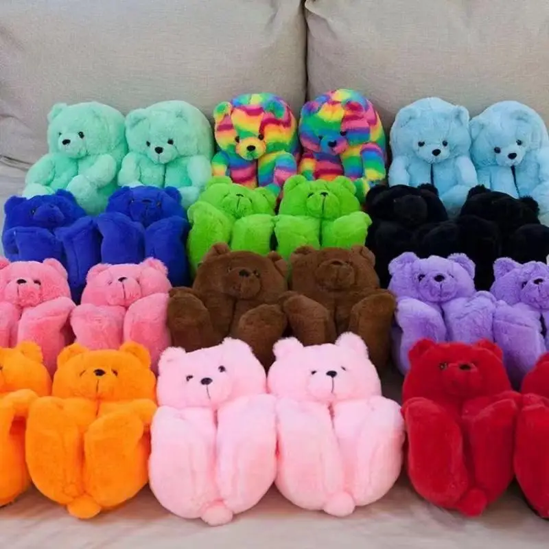 Cartoon Bear Slippers Cartoon Teddy Bear Cotton Slippers Anime Cartoon Indoor Plush Anti-Slip Keep Warm Couple Slippers Gift