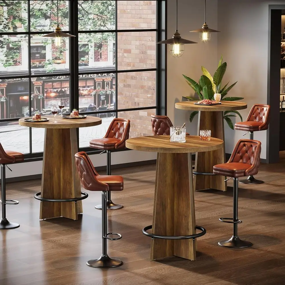 

3-Piece Wooden Bistro Set, 37.4 High Pub Table with Metal Ring Base, Suitable for Home, Cafe, Brown