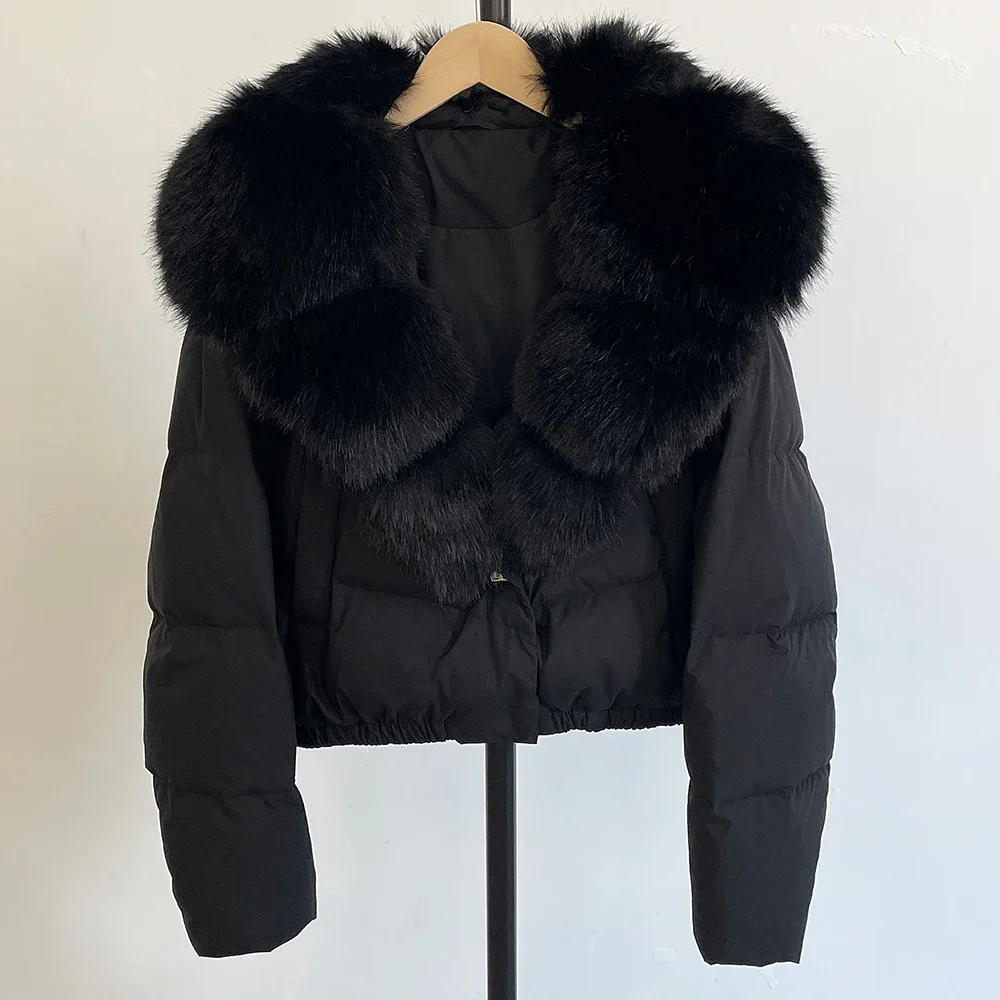 CXFS 2025 Jaket Puffer Baru Jaket Kerah Bulu Palsu Kerah Dapat Dilepas Pendek Musim Dingin Wanita Mantel Bulu Angsa Putih Tebal Wanita