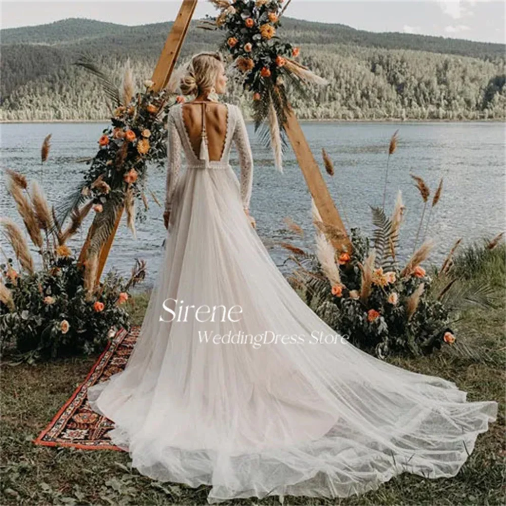 Sirene-vestido de noiva manga longa do laço, estilo boho, elegante, v-colar, sem encosto, até o chão, para a praia